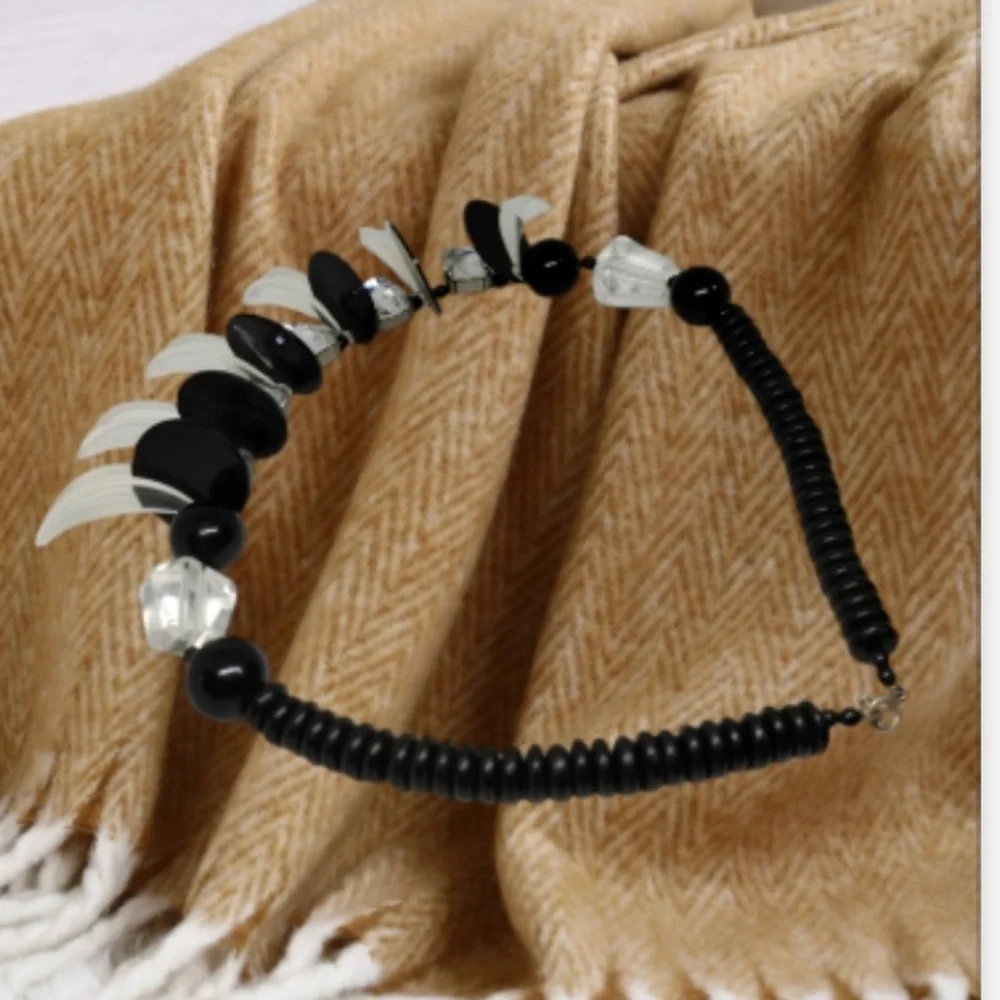 Black Beaded Necklace with Clear Rhinestones and Transparent Claws